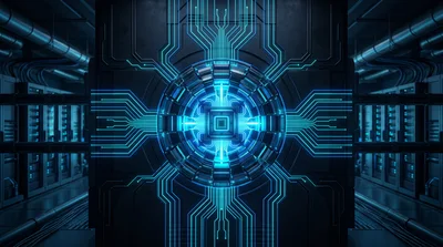 Futuristic Server Room With Glowing Central Processor Core