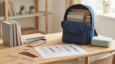 School Supplies And Backpack On A Wooden Desk