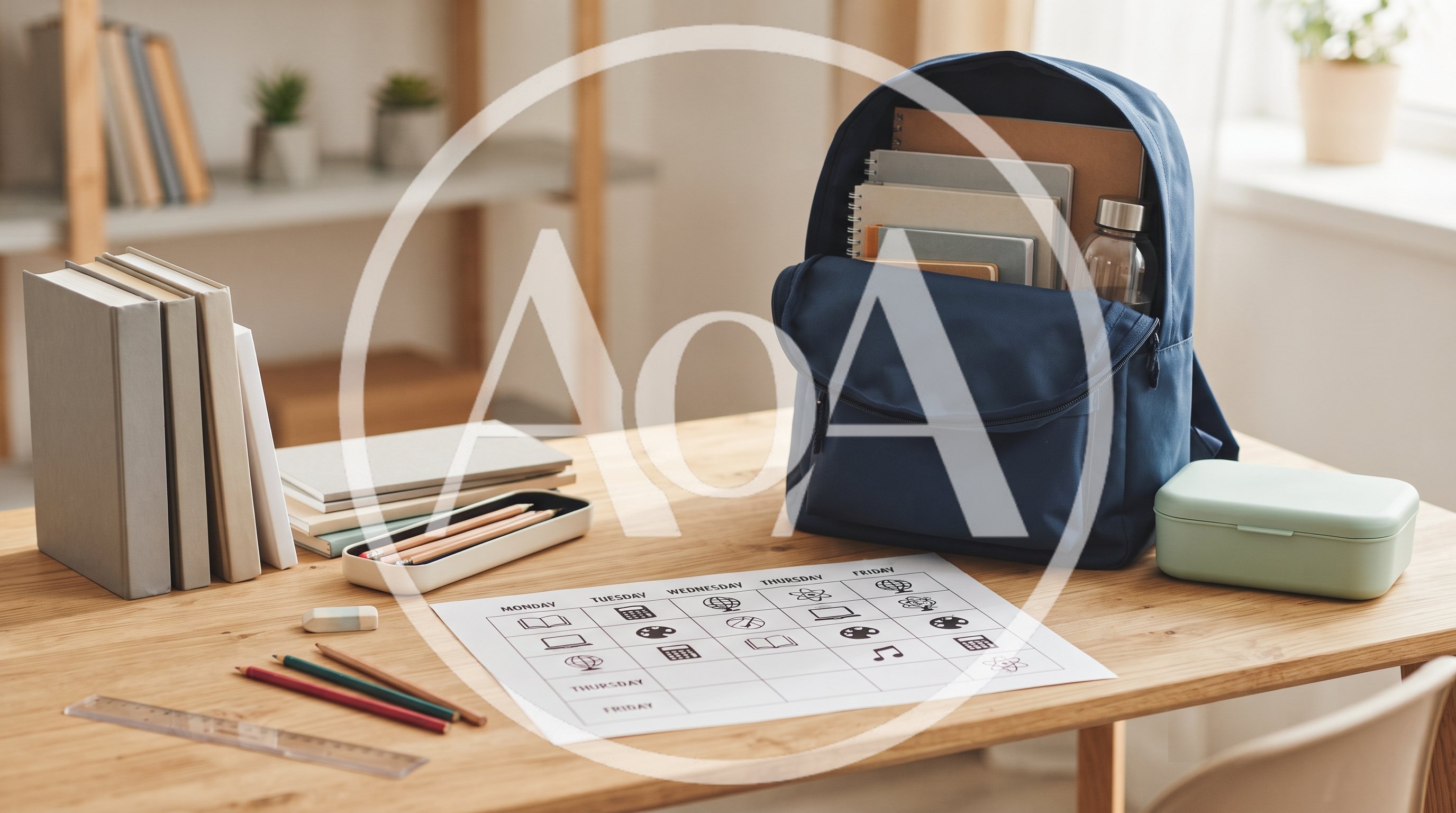 School Supplies And Backpack On A Wooden Desk
