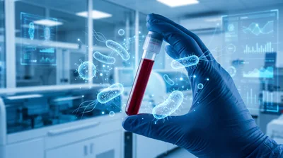 Scientist Holding Blood Sample With Digital Bacteria Visualization