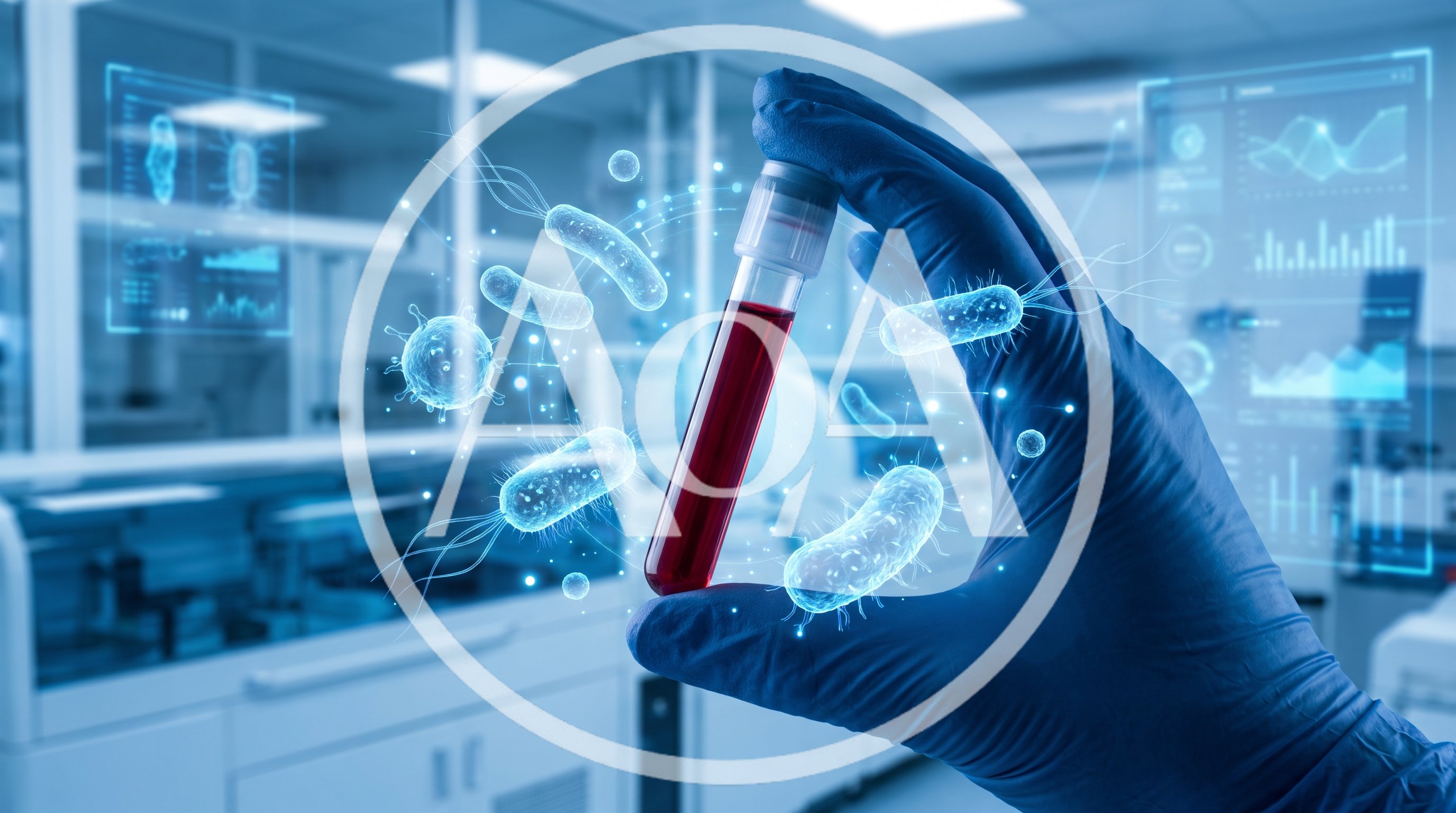 Scientist Holding Blood Sample With Digital Bacteria Visualization