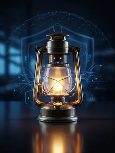 Vintage Oil Lantern With Digital Cybersecurity Overlay