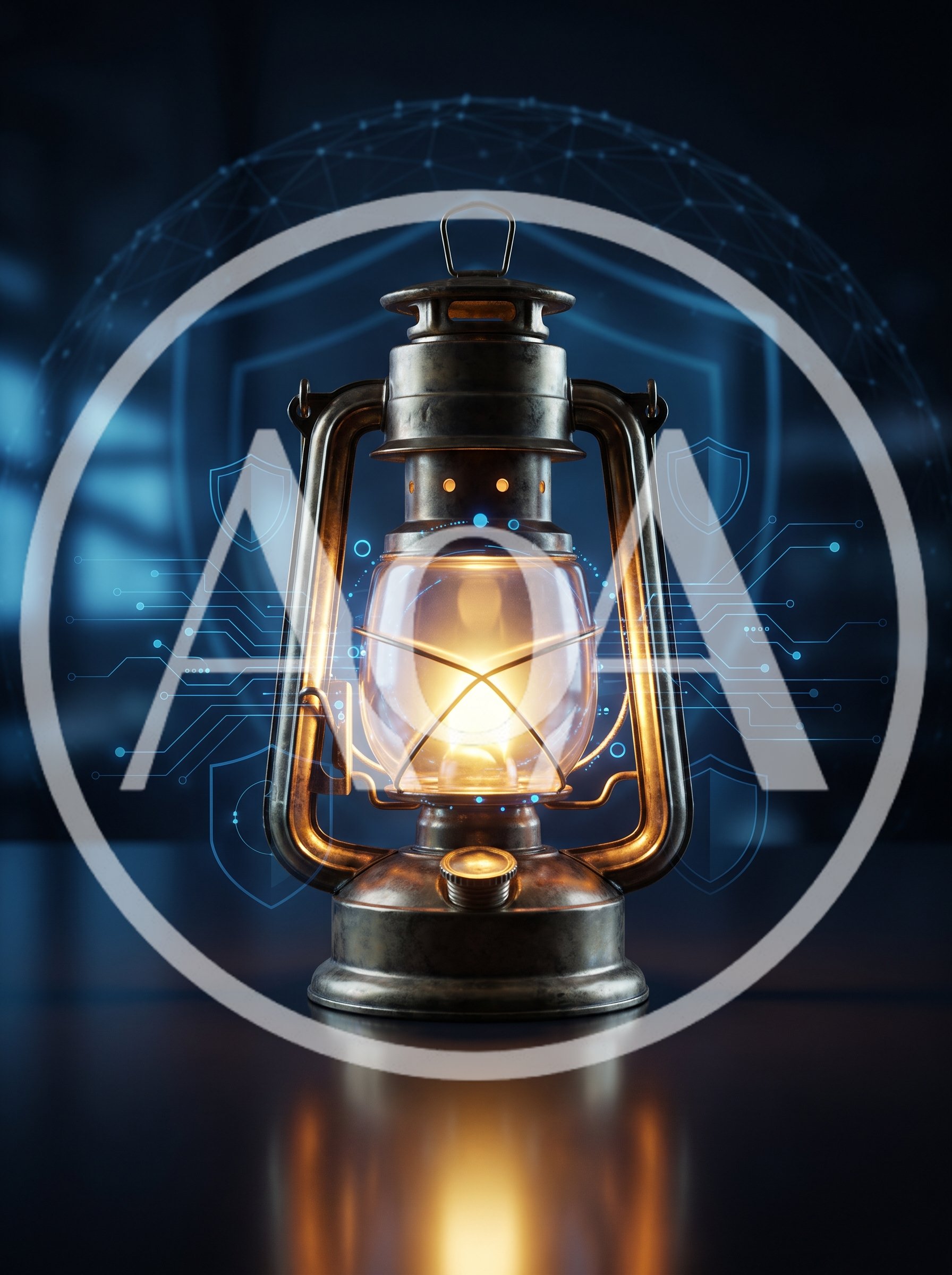 Vintage Oil Lantern With Digital Cybersecurity Overlay