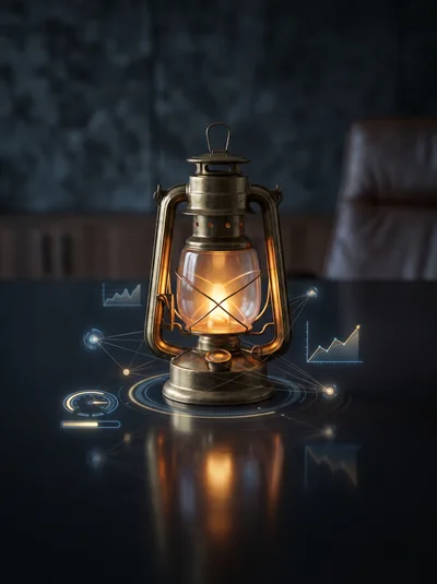 Vintage Oil Lantern With Digital Data Visualization Overlays