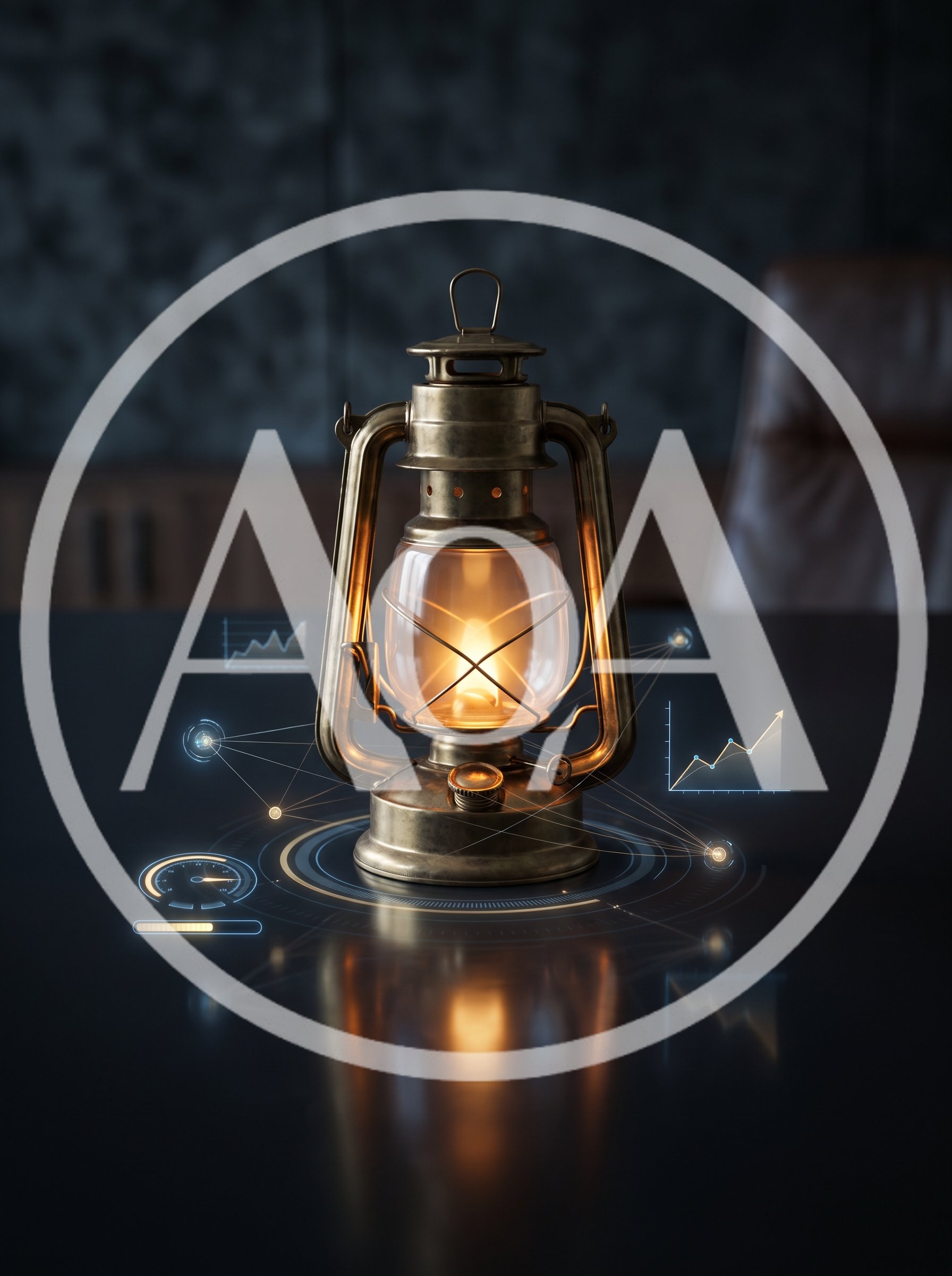 Vintage Oil Lantern With Digital Data Visualization Overlays