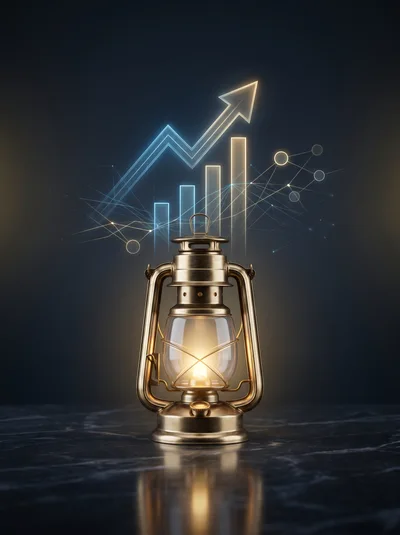 Vintage Brass Lantern With Glowing Digital Growth Chart