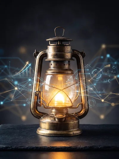 Vintage Oil Lantern With Digital Data Visualization Overlay
