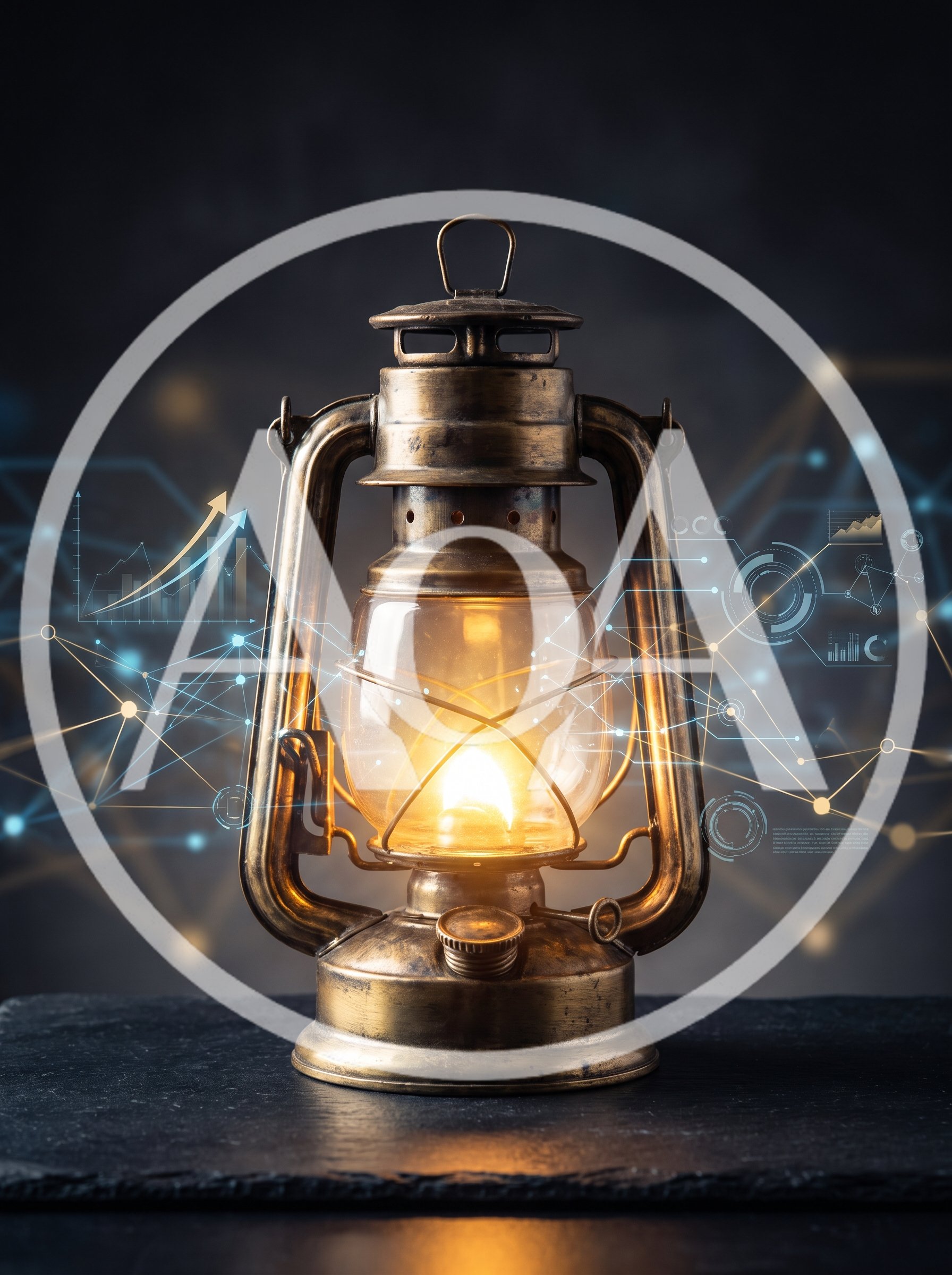 Vintage Oil Lantern With Digital Data Visualization Overlay