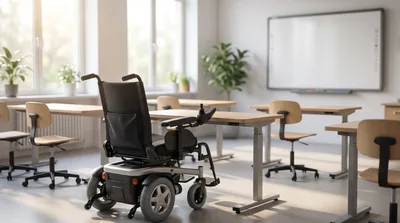 Electric Wheelchair Positioned at Classroom Desk