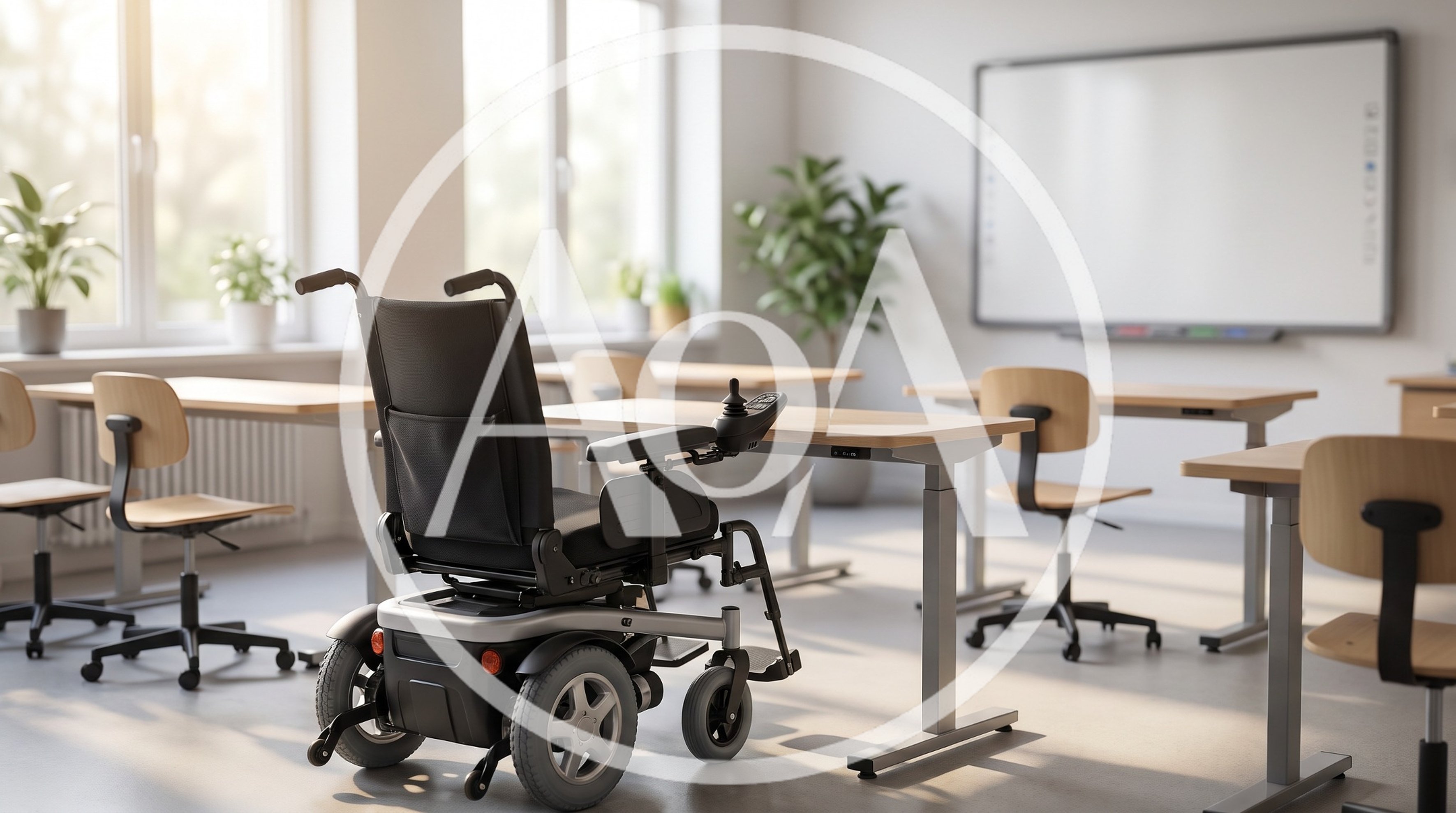 Electric Wheelchair Positioned at Classroom Desk