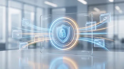 Digital Data Security Shield With Floating File Folders