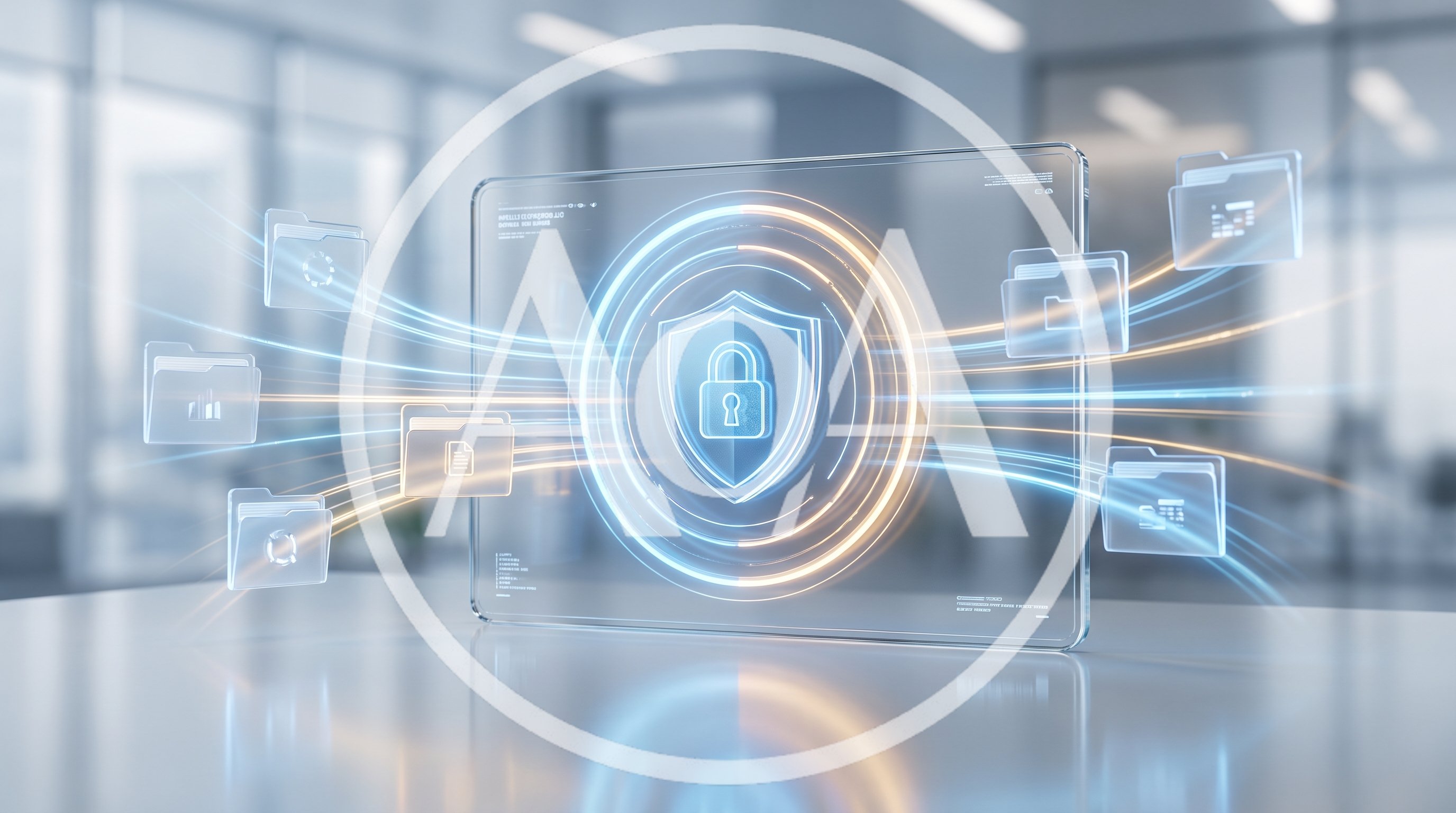 Digital Data Security Shield With Floating File Folders