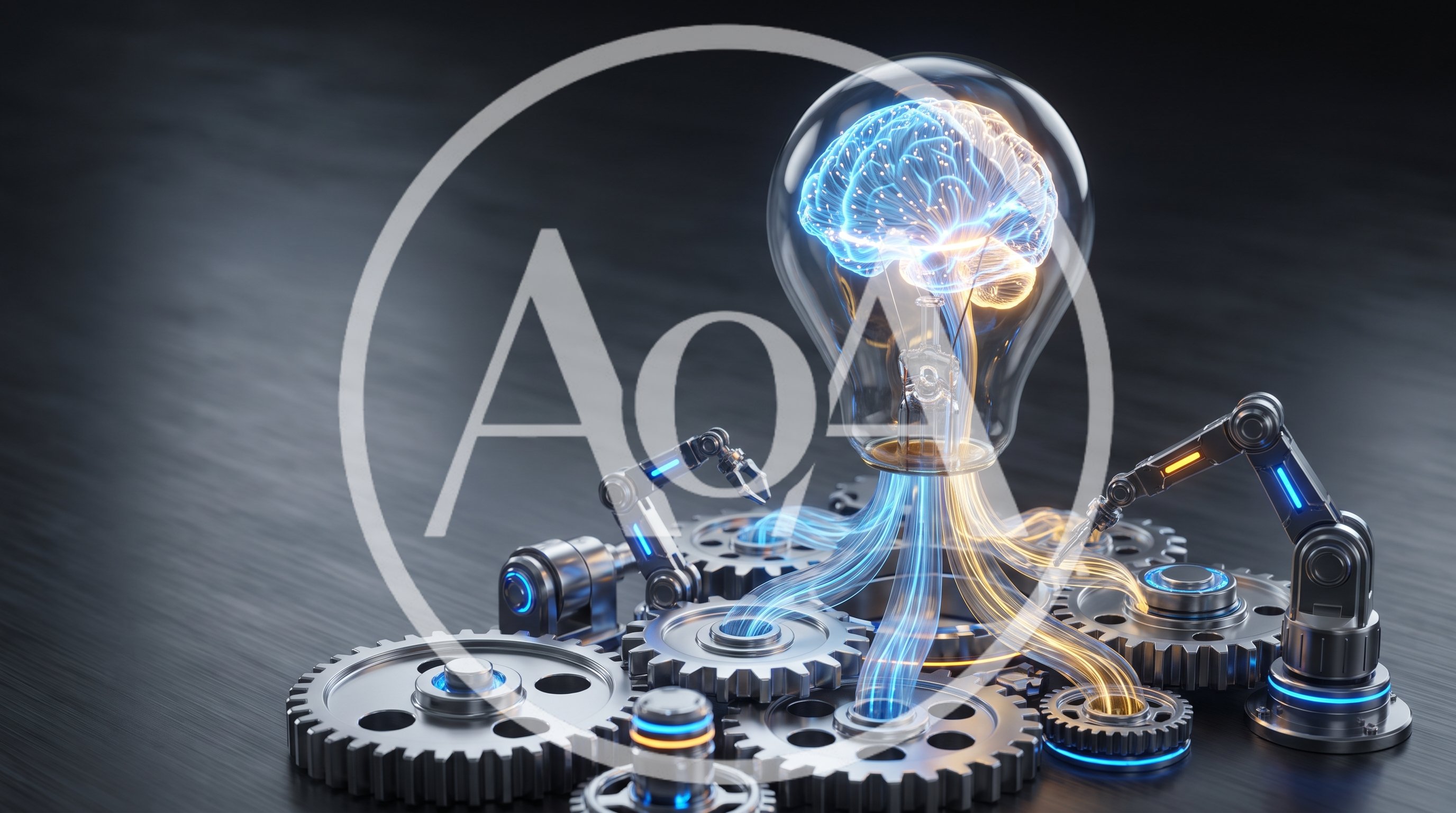 Robotic Arms Assembling Glowing Brain Light Bulb
