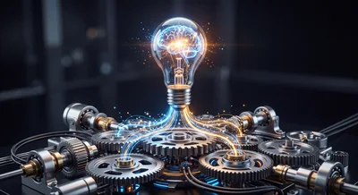 Digital Brain Inside Lightbulb Connected To Mechanical Gears