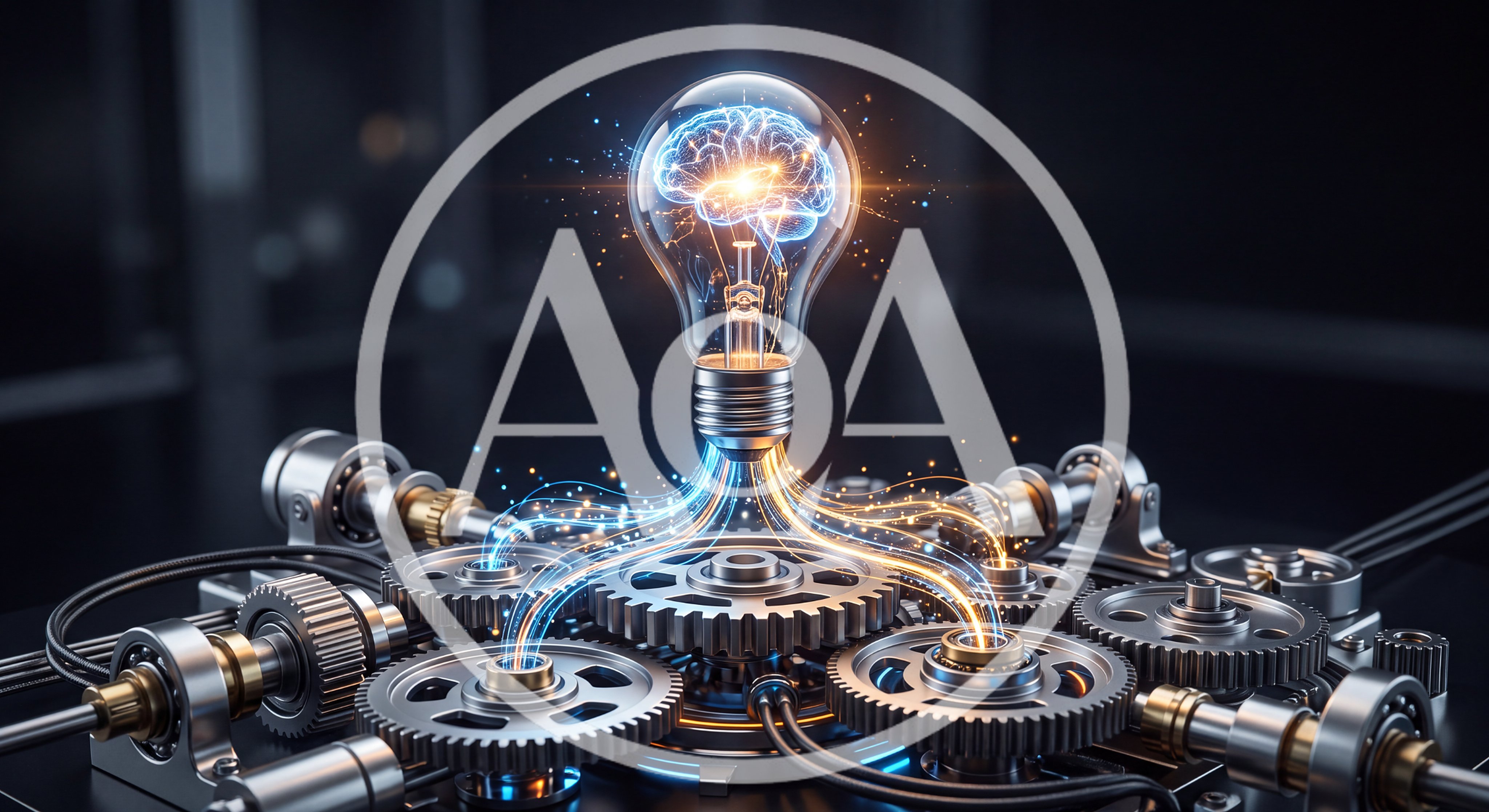 Digital Brain Inside Lightbulb Connected To Mechanical Gears