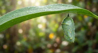 Monarch Butterfly Chrysalis Hanging From A Green Leaf