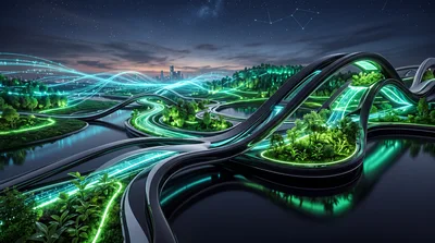 Futuristic Eco City Infrastructure With Glowing Data Streams