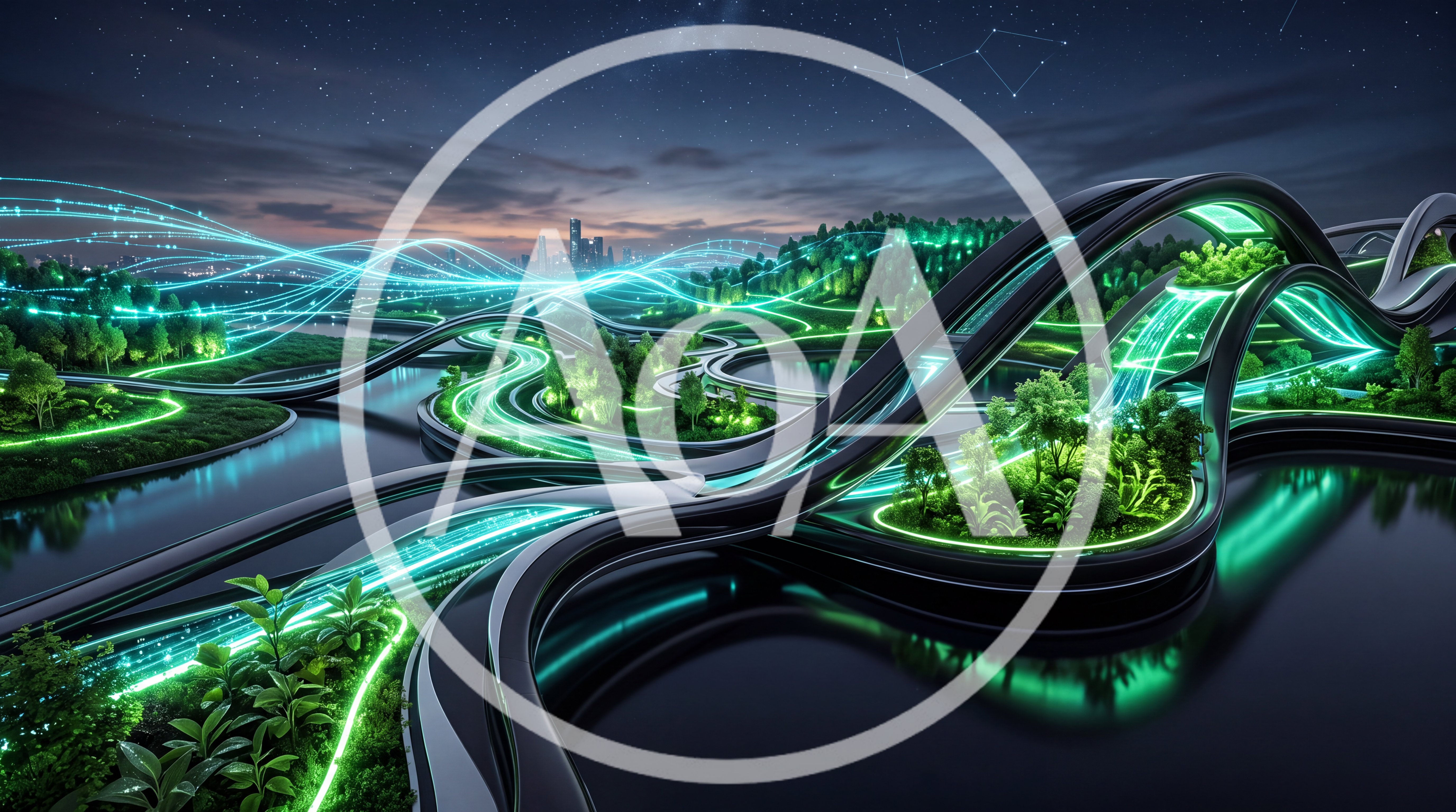 Futuristic Eco City Infrastructure With Glowing Data Streams
