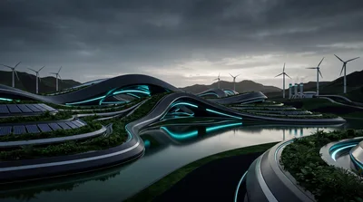 Futuristic Sustainable Eco City With Wind Turbines