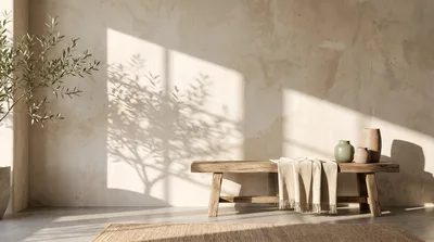 Minimalist Interior With Wooden Bench And Olive Tree