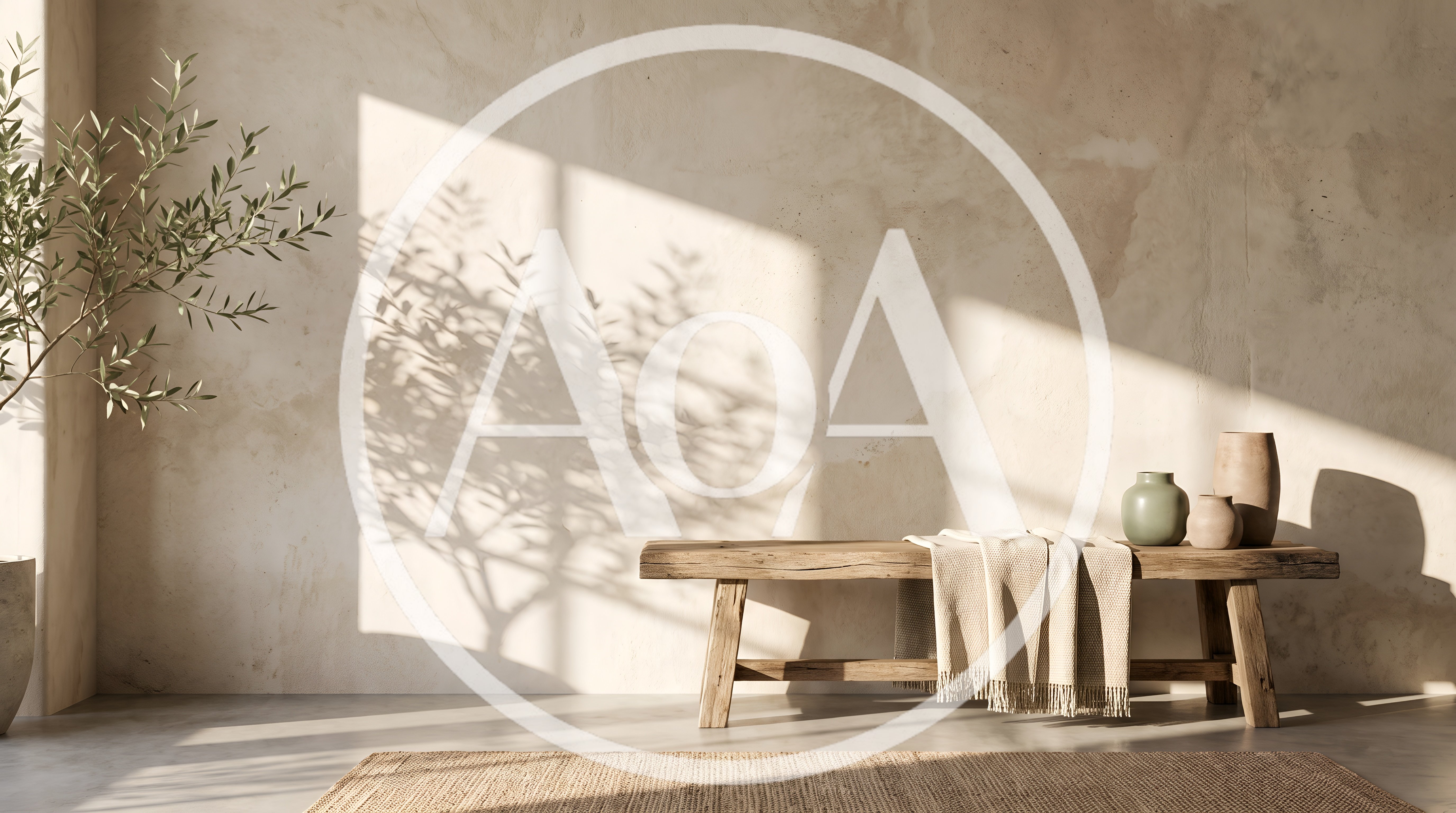 Minimalist Interior With Wooden Bench And Olive Tree