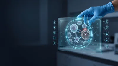 Scientist Interacting With Holographic Cellular Analysis Interface