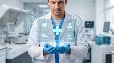 Doctor Interacting With Holographic Medical Interface In Laboratory