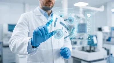 Scientist Interacting With Holographic Bacteria In Laboratory