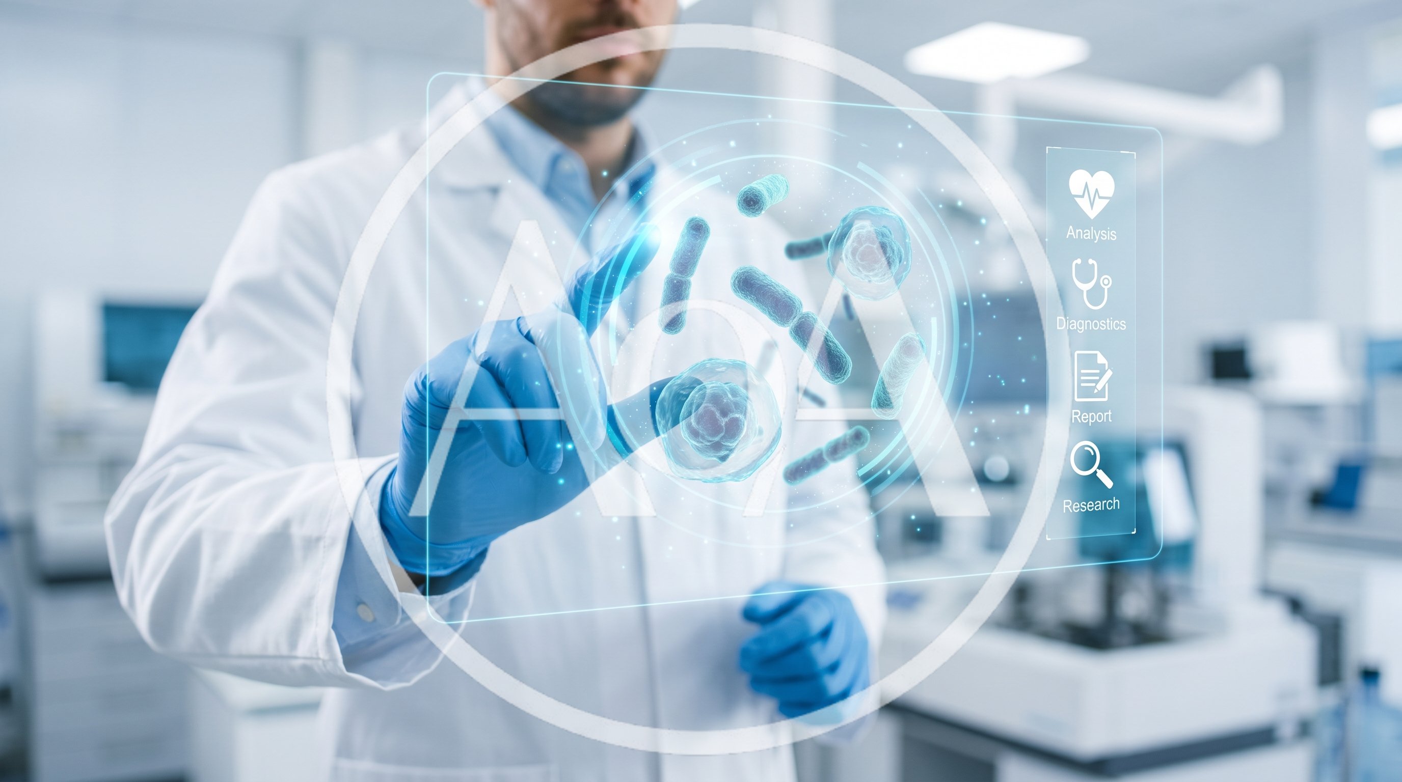 Scientist Interacting With Holographic Bacteria In Laboratory