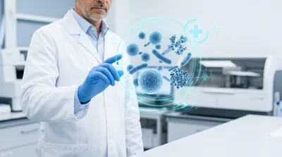 Scientist Interacting With Holographic Microscopic Virus Model