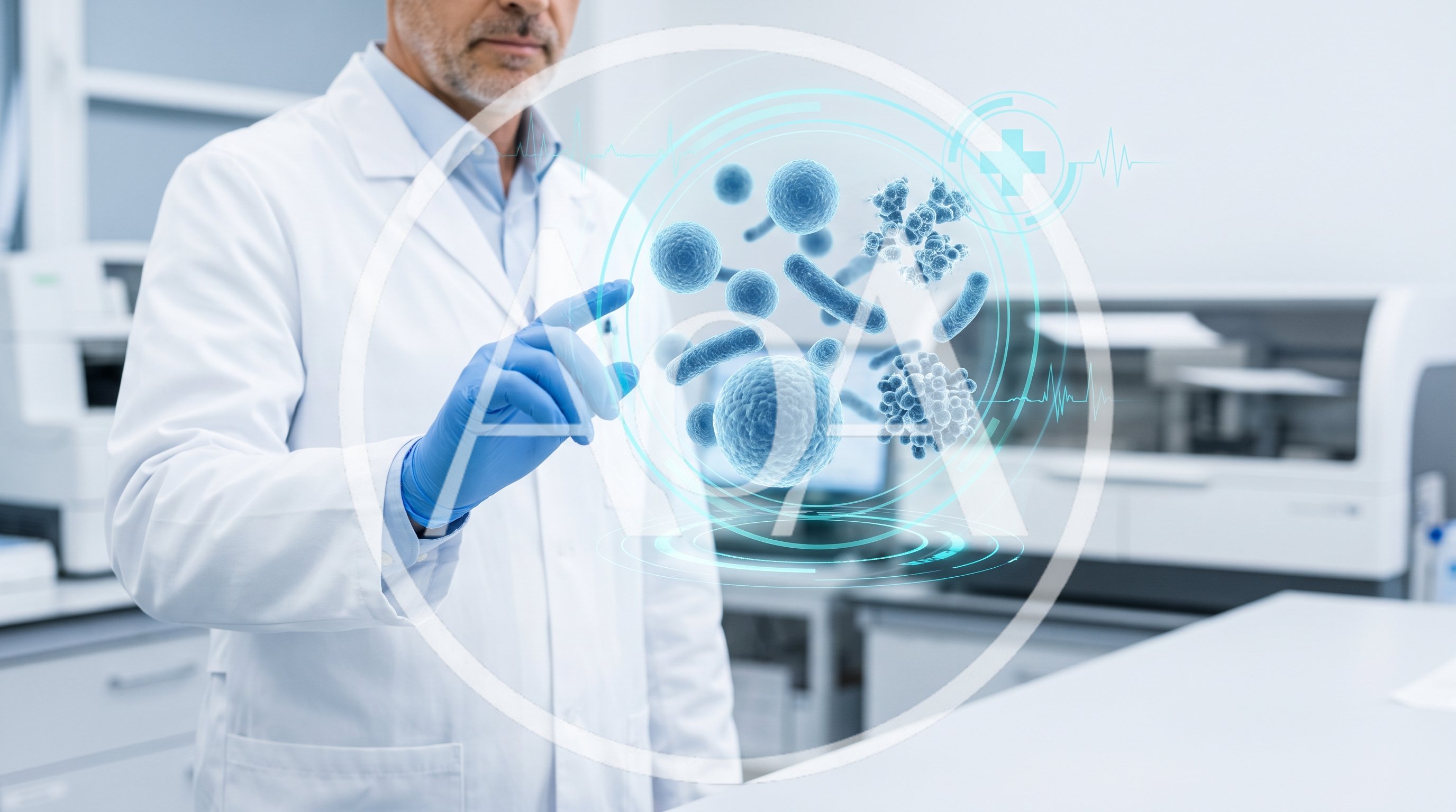 Scientist Interacting With Holographic Microscopic Virus Model
