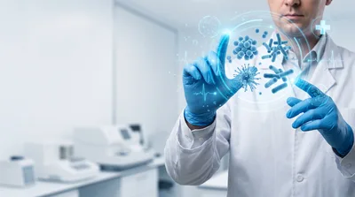 Scientist Interacting With Digital Holographic Virus Model