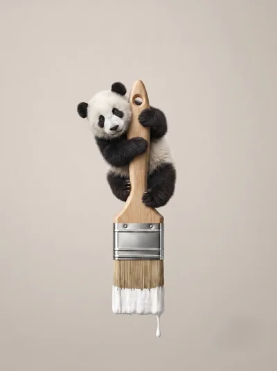 Cute Baby Panda Hugging A Large Paintbrush