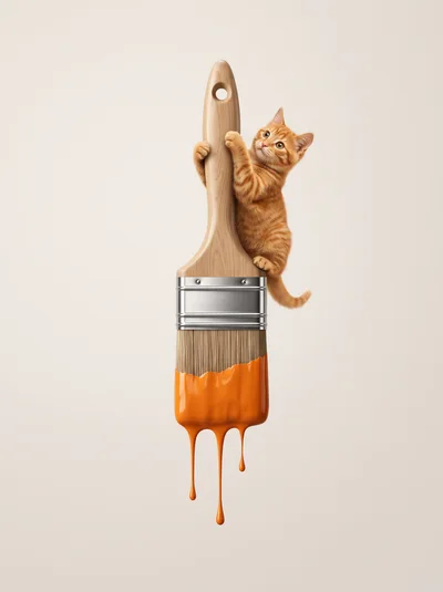 Cute Ginger Kitten Climbing A Large Paintbrush