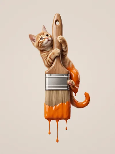 Cute Ginger Kitten Hanging On A Large Paintbrush