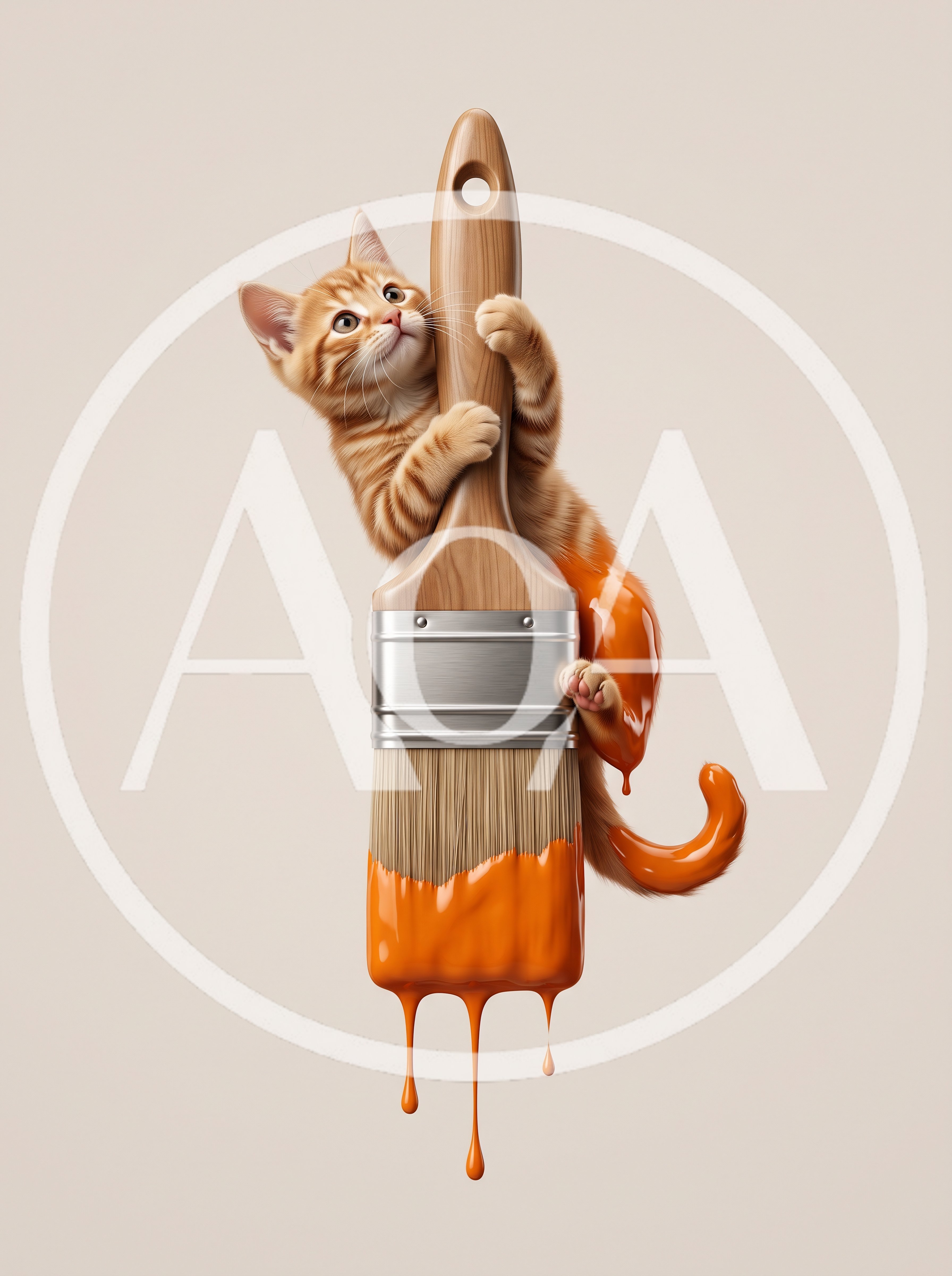 Cute Ginger Kitten Hanging On A Large Paintbrush