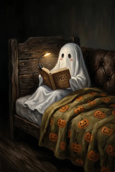 Cute Ghost Reading A Spells Book In Bed