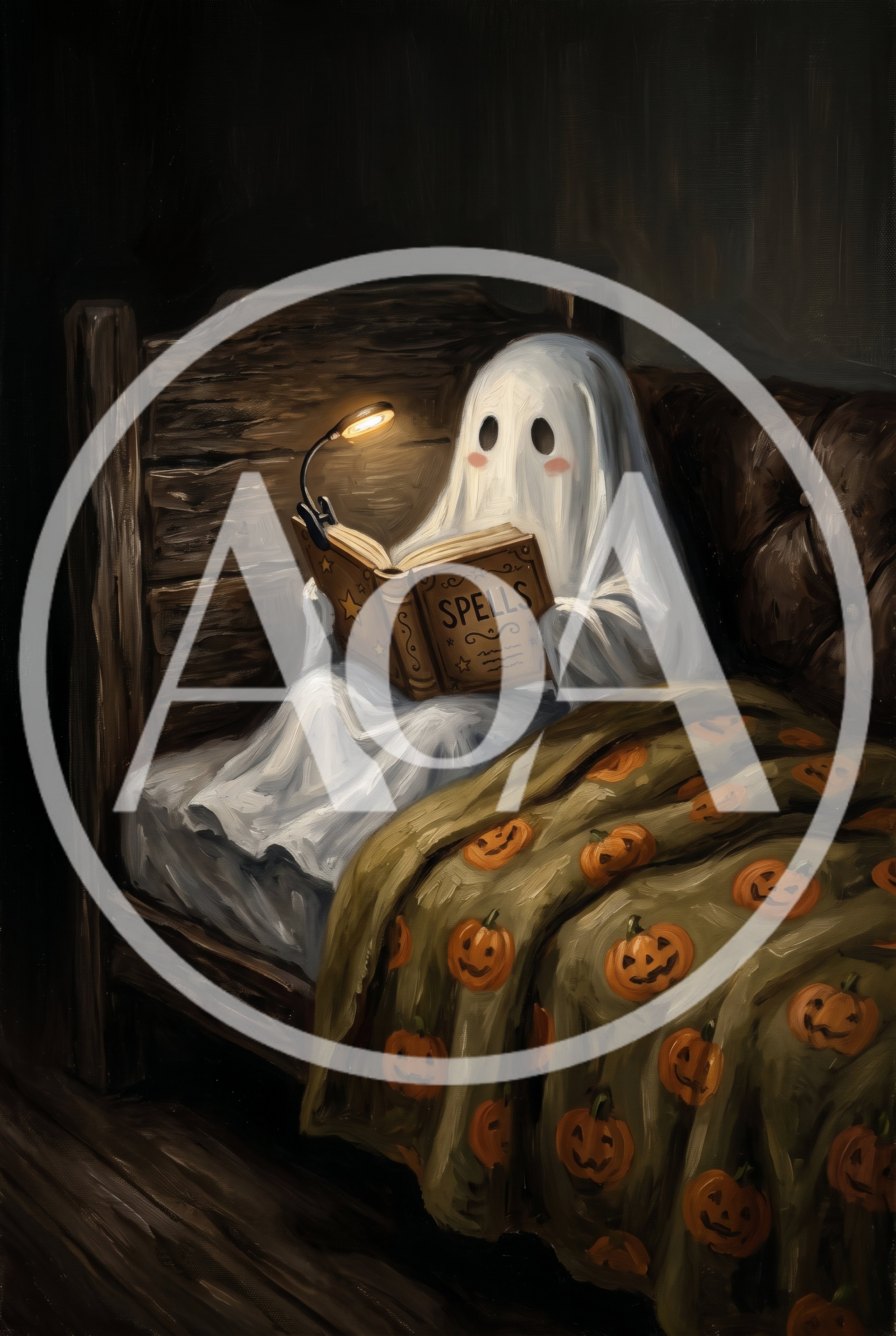 Cute Ghost Reading A Spells Book In Bed