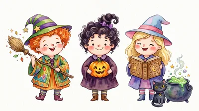Three Cute Little Witches With Halloween Accessories
