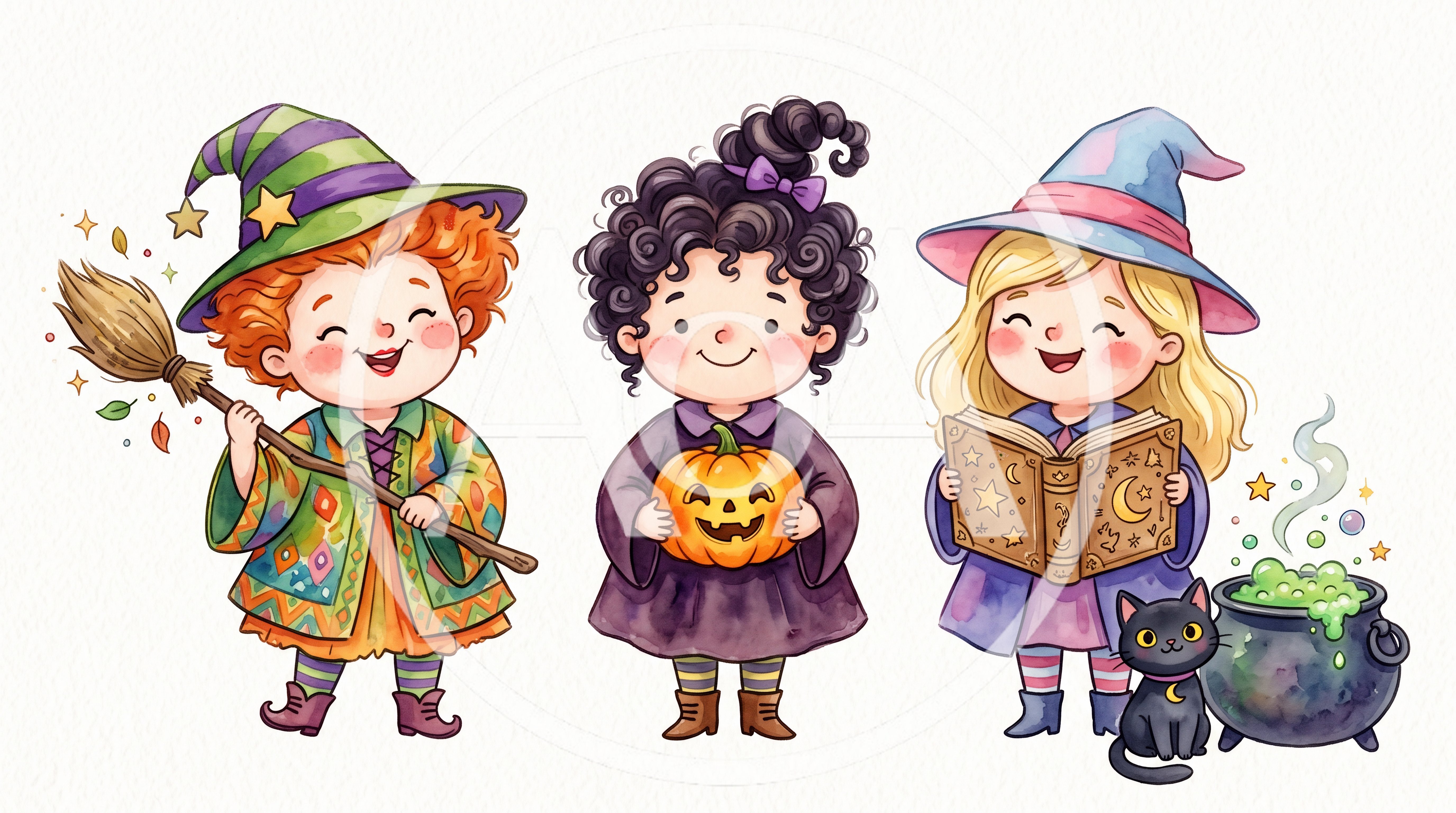 Three Cute Little Witches With Halloween Accessories