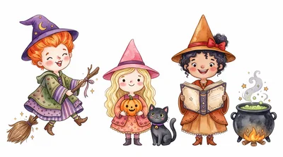 Cute Cartoon Witches With Pumpkin And Cauldron