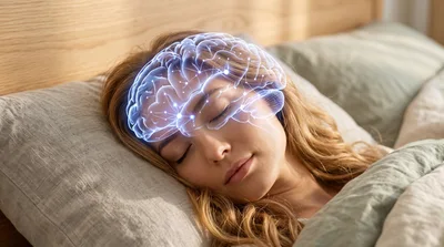 Woman Sleeping With Holographic Brain Visualization