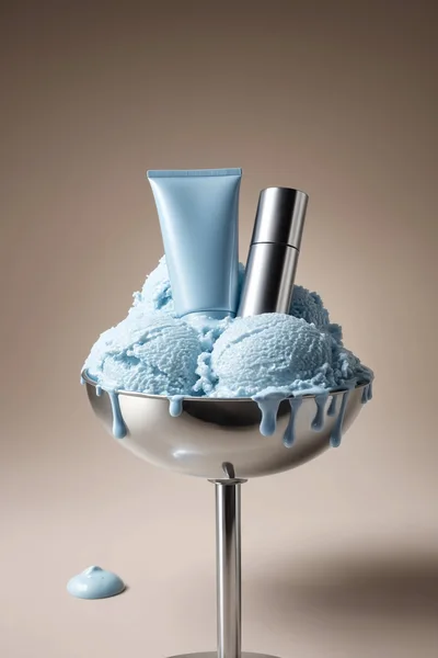 Cosmetic Products In Blue Ice Cream Bowl