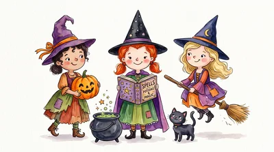 Three Cute Little Witches With Magic Items