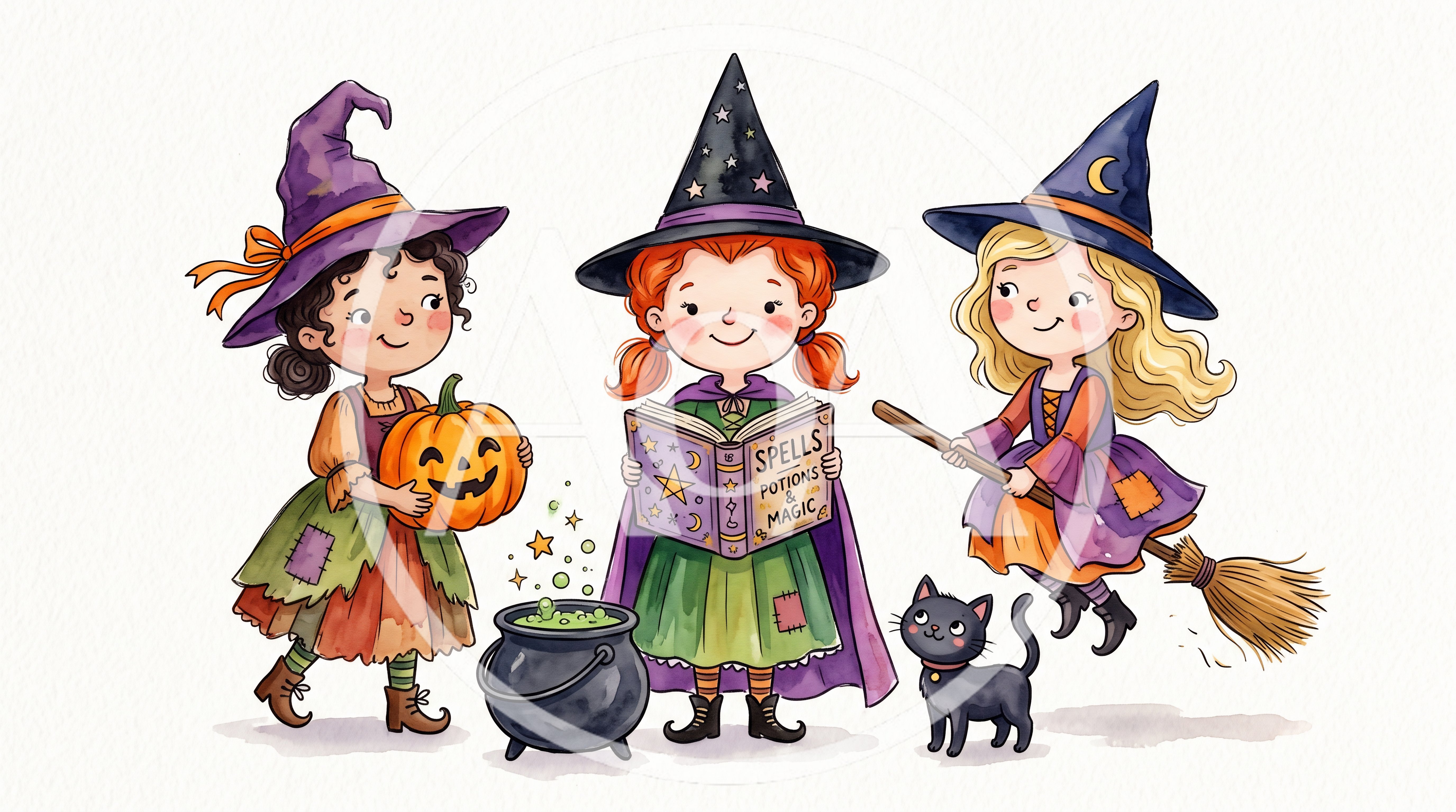 Three Cute Little Witches With Magic Items
