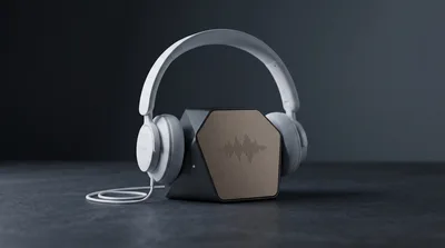 Modern White Headphones Resting On A Geometric Speaker Dock