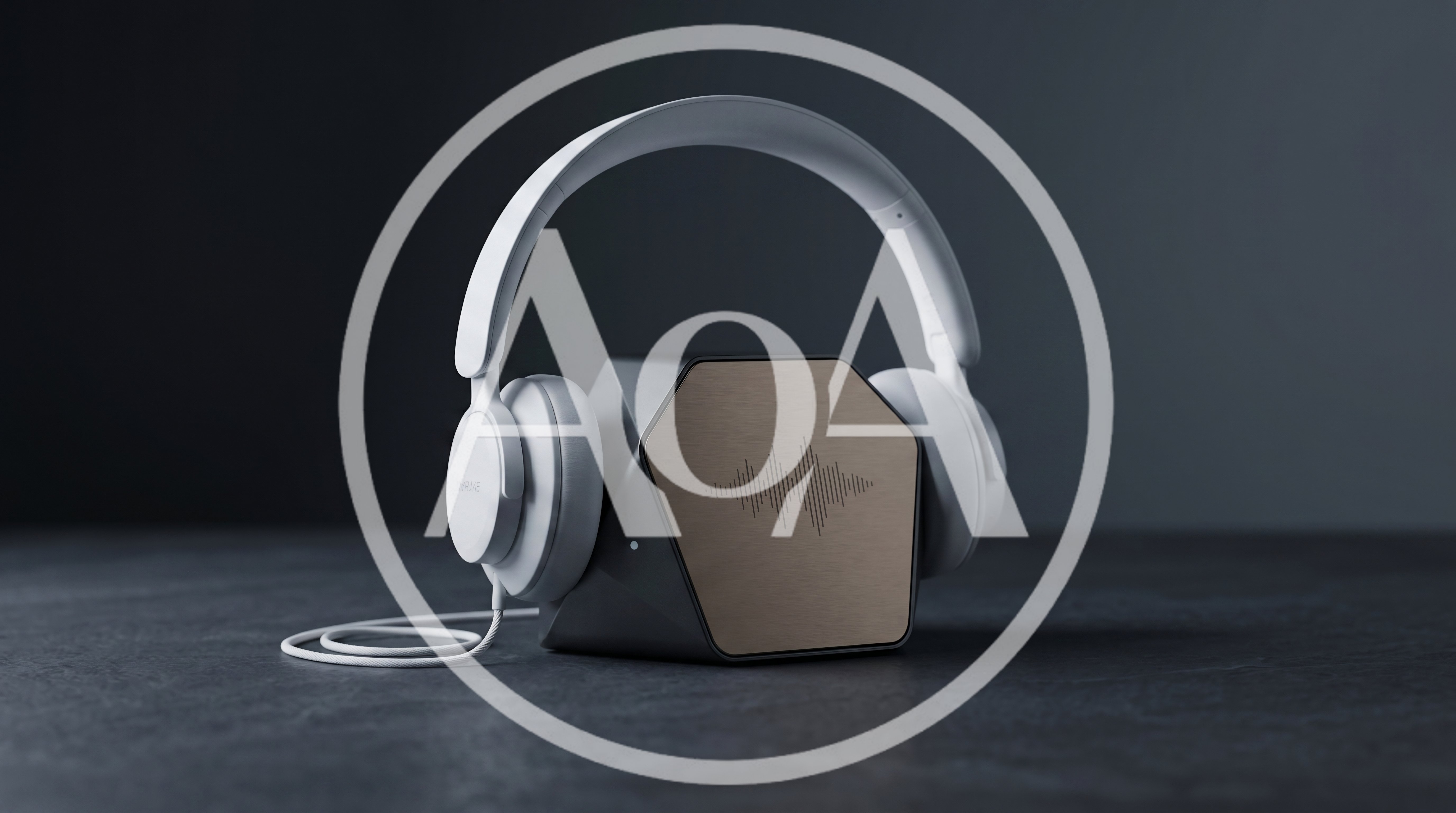 Modern White Headphones Resting On A Geometric Speaker Dock