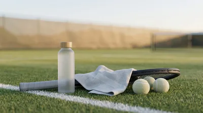 Tennis Equipment Resting on a Grass Court