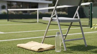 Tennis Court With Folding Chair Towel And Water Bottle