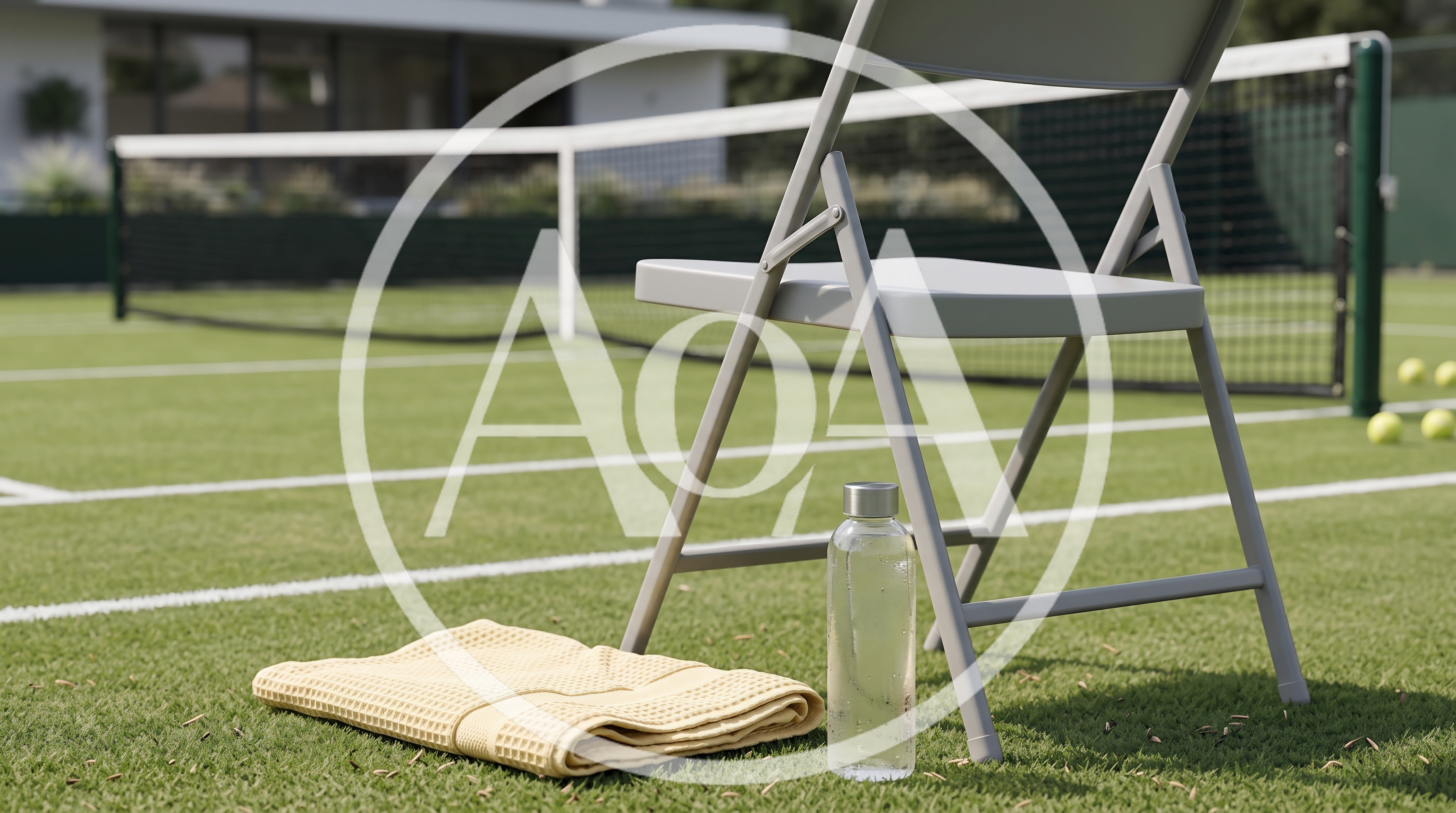Tennis Court With Folding Chair Towel And Water Bottle
